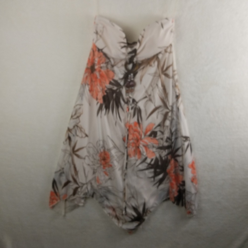 Speechless Womens S Floral Strapless Handkerchief Hem dress Coral Brown NWT